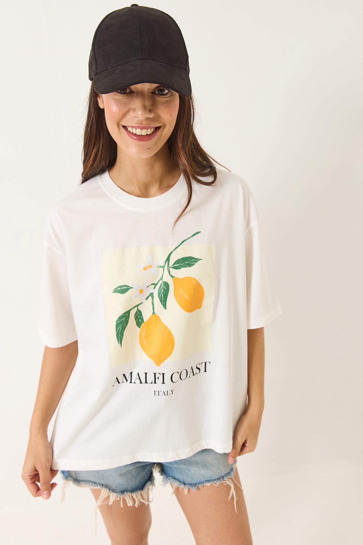 Kadın Limon Baskılı Beyaz Pamuk Penye Oversize T-Shirt 251047 60283126 - Beyaz · 2