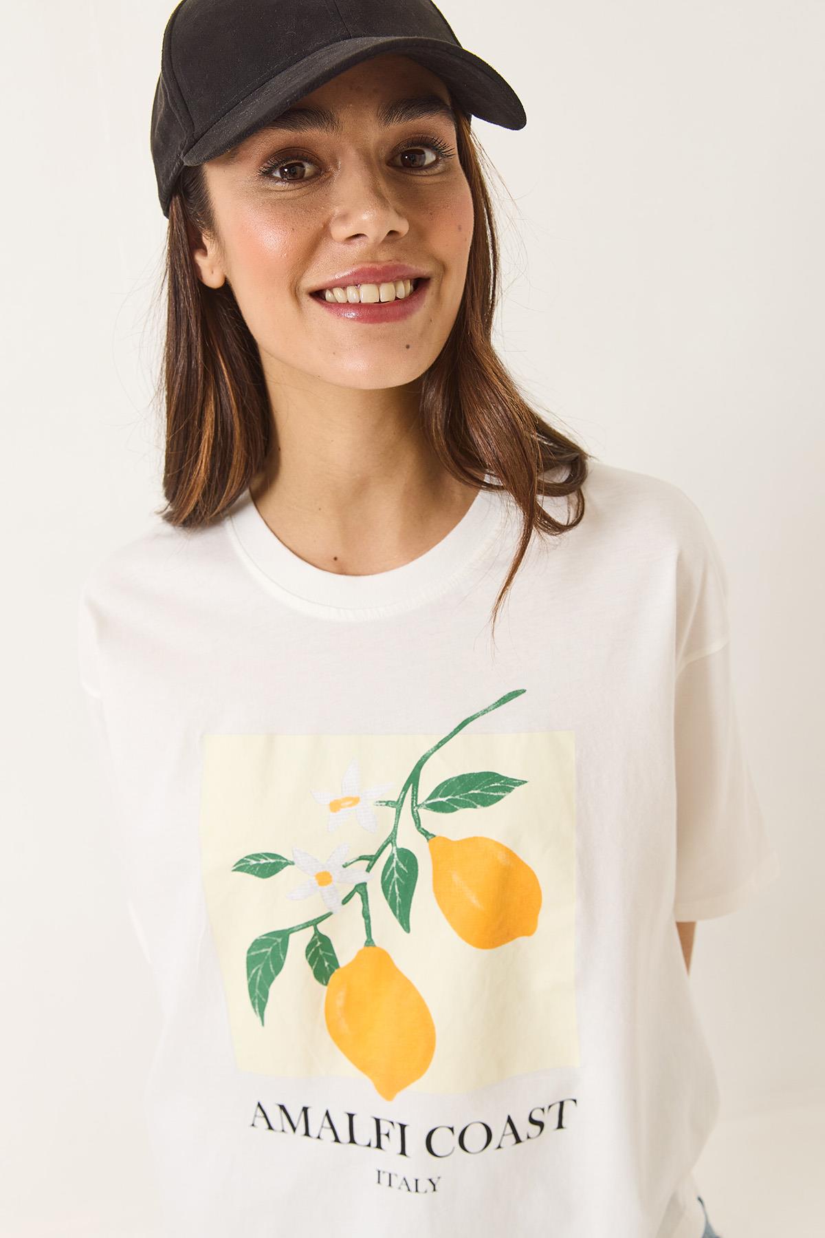 Kadın Limon Baskılı Beyaz Pamuk Penye Oversize T-Shirt 251047 60283126 - Beyaz · 4