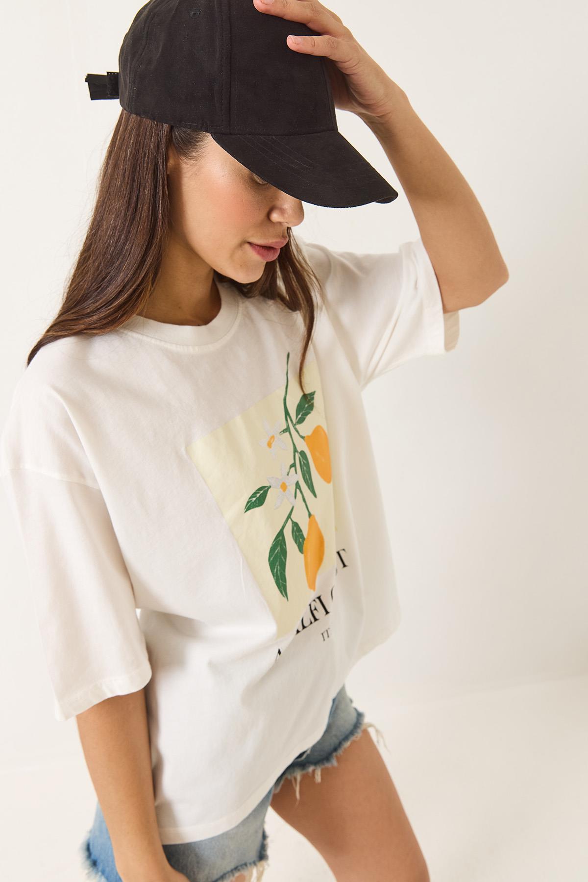 Kadın Limon Baskılı Beyaz Pamuk Penye Oversize T-Shirt 251047 60283126 - Beyaz · 5