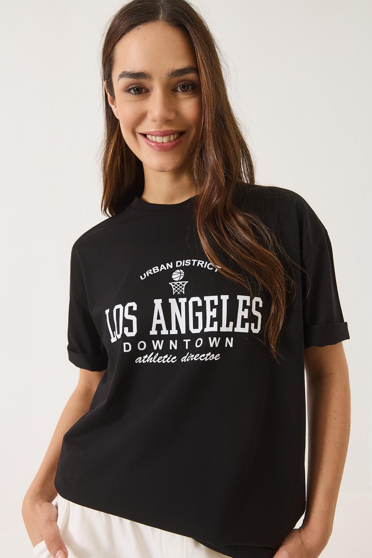 Kadın Los Angeles Baskılı Bisiklet Yaka Salaş T-Shirt 0269 60283154 - Siyah · 2