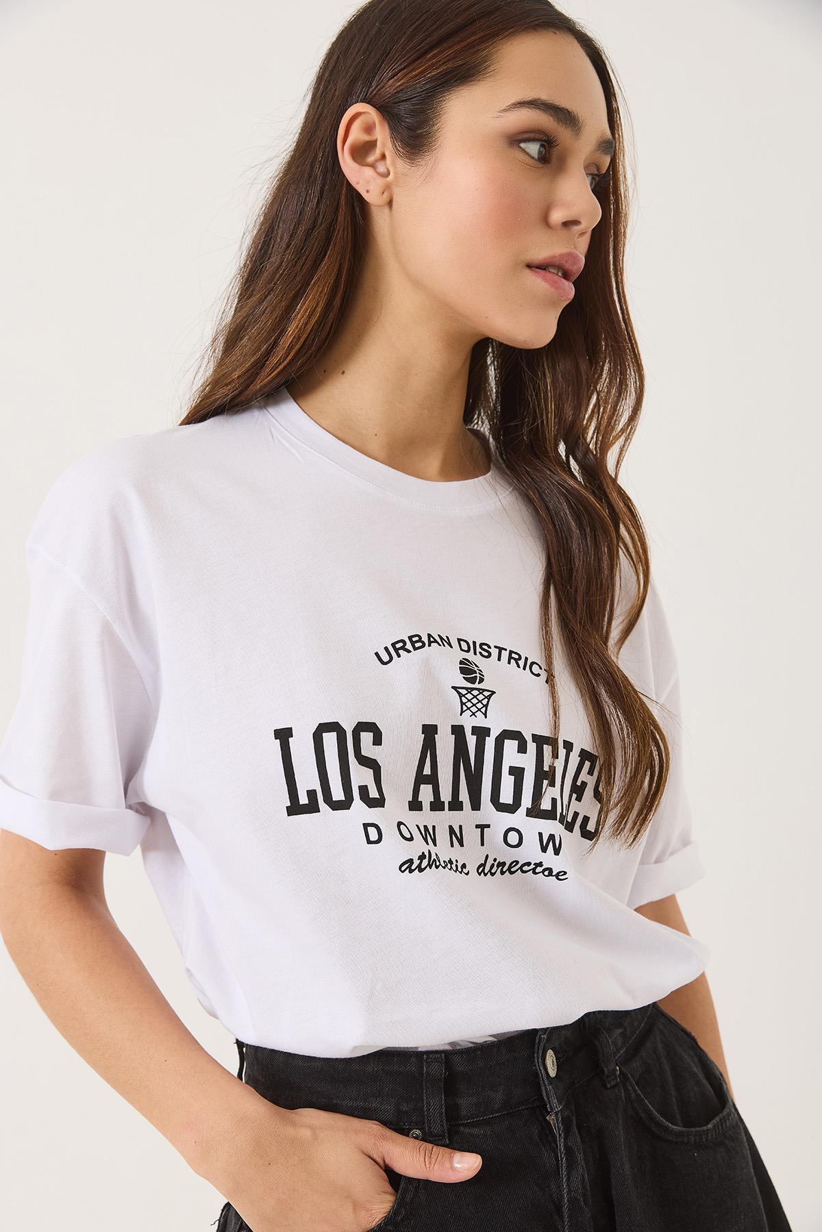 Kadın Los Angeles Baskılı Bisiklet Yaka Salaş T-Shirt 0269 60283154 - Beyaz · 4