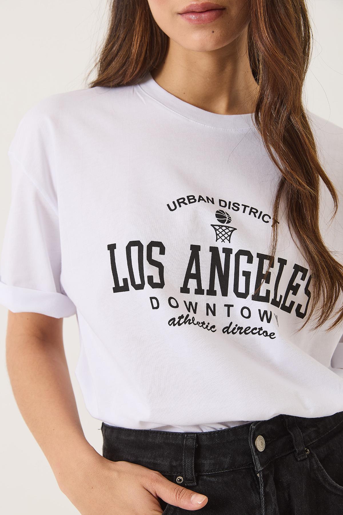 Kadın Los Angeles Baskılı Bisiklet Yaka Salaş T-Shirt 0269 60283154 - Beyaz · 5
