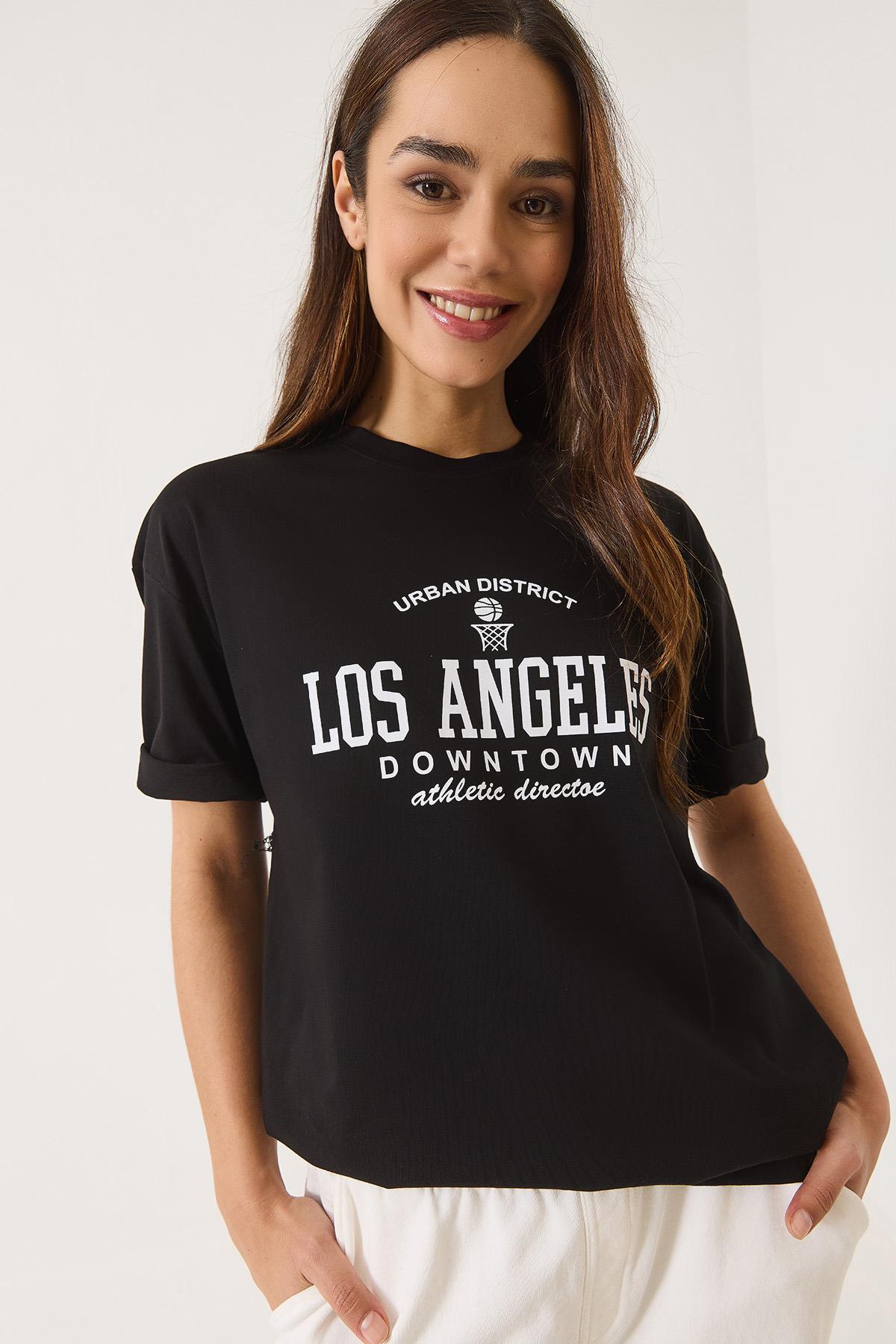Kadın Los Angeles Baskılı Bisiklet Yaka Salaş T-Shirt 0269 60283154 - Siyah · 3