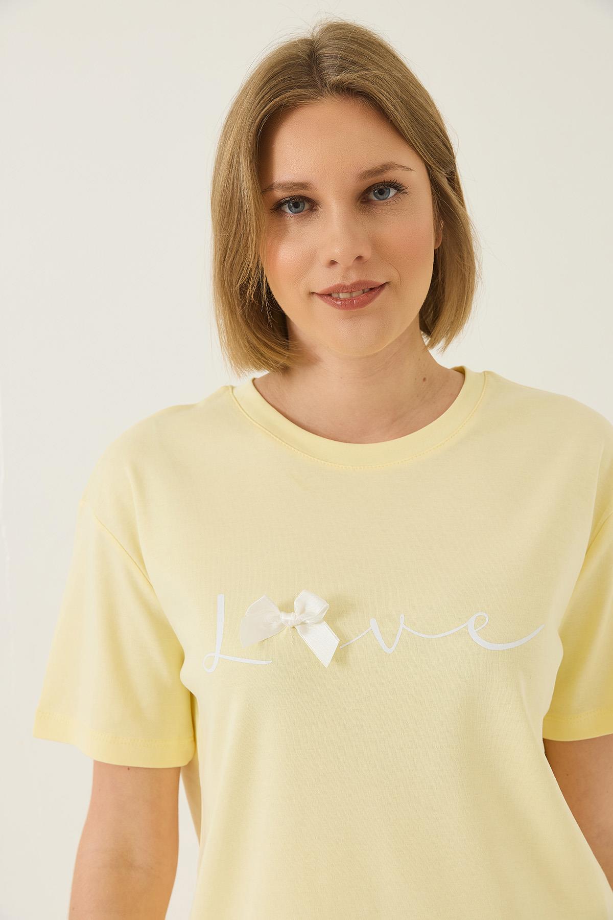 Kadın Love Baskılı Kurdele Detaylı Normal Kalıp Pamuklu T-Shirt 60283208 - Tereyağ · 4