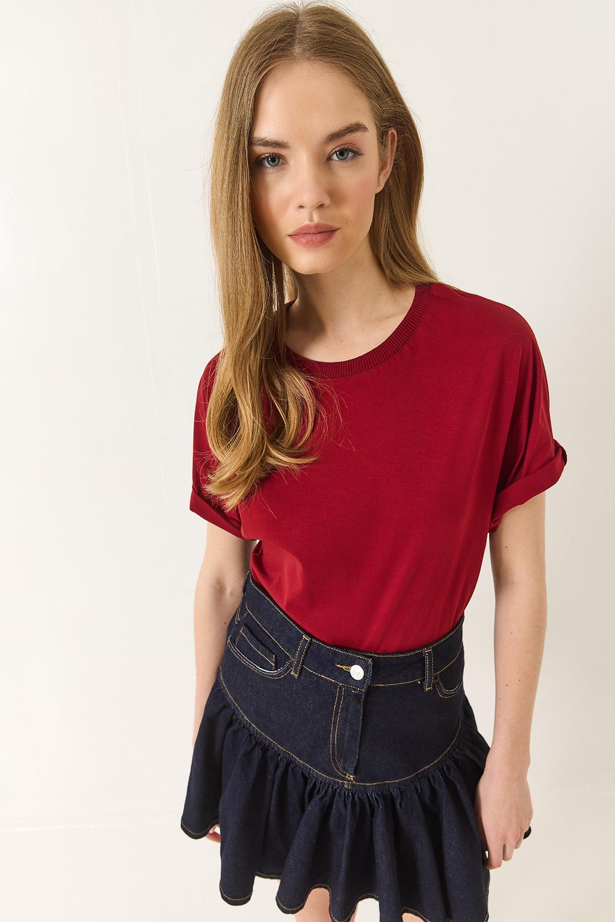Kadın Organik Pamuklu Regular Kalıp Bisiklet Yaka Basic Kısa Kollu T-Shirt 60602048 - Bordo · 3