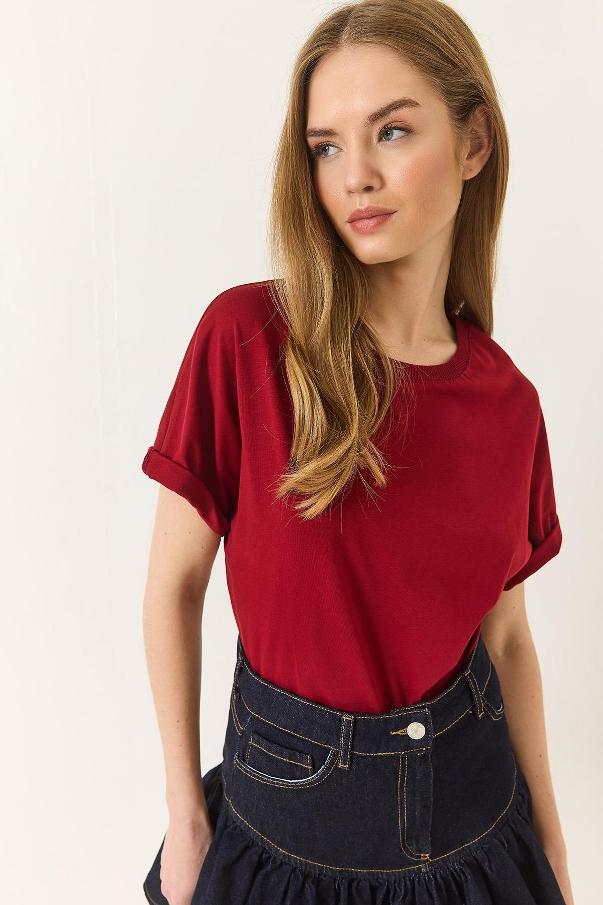 Kadın Organik Pamuklu Regular Kalıp Bisiklet Yaka Basic Kısa Kollu T-Shirt 60602048 - Bordo · 5