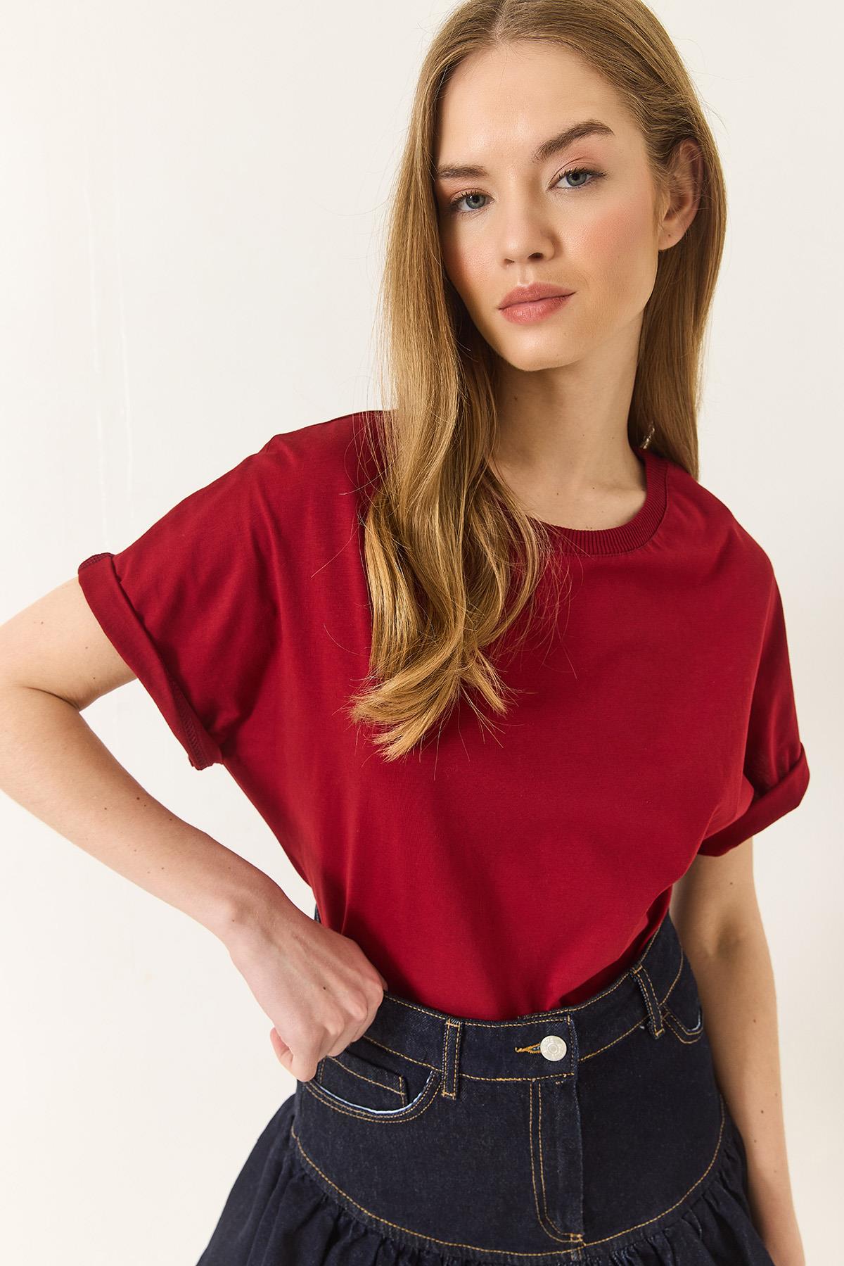 Kadın Organik Pamuklu Regular Kalıp Bisiklet Yaka Basic Kısa Kollu T-Shirt 60602048 - Bordo · 4