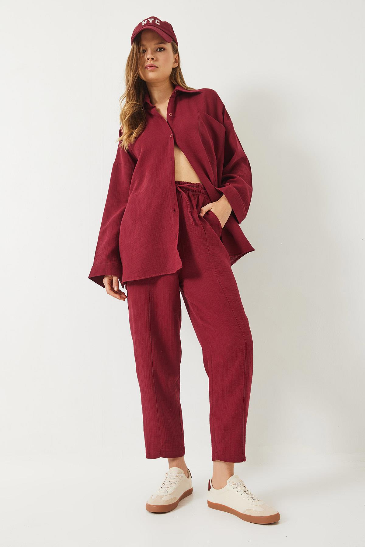 Kadın Oversize Gömlek Şalvar Pantolon Müslin Alt-Üst Takım 9259 60283113 - Bordo · 3