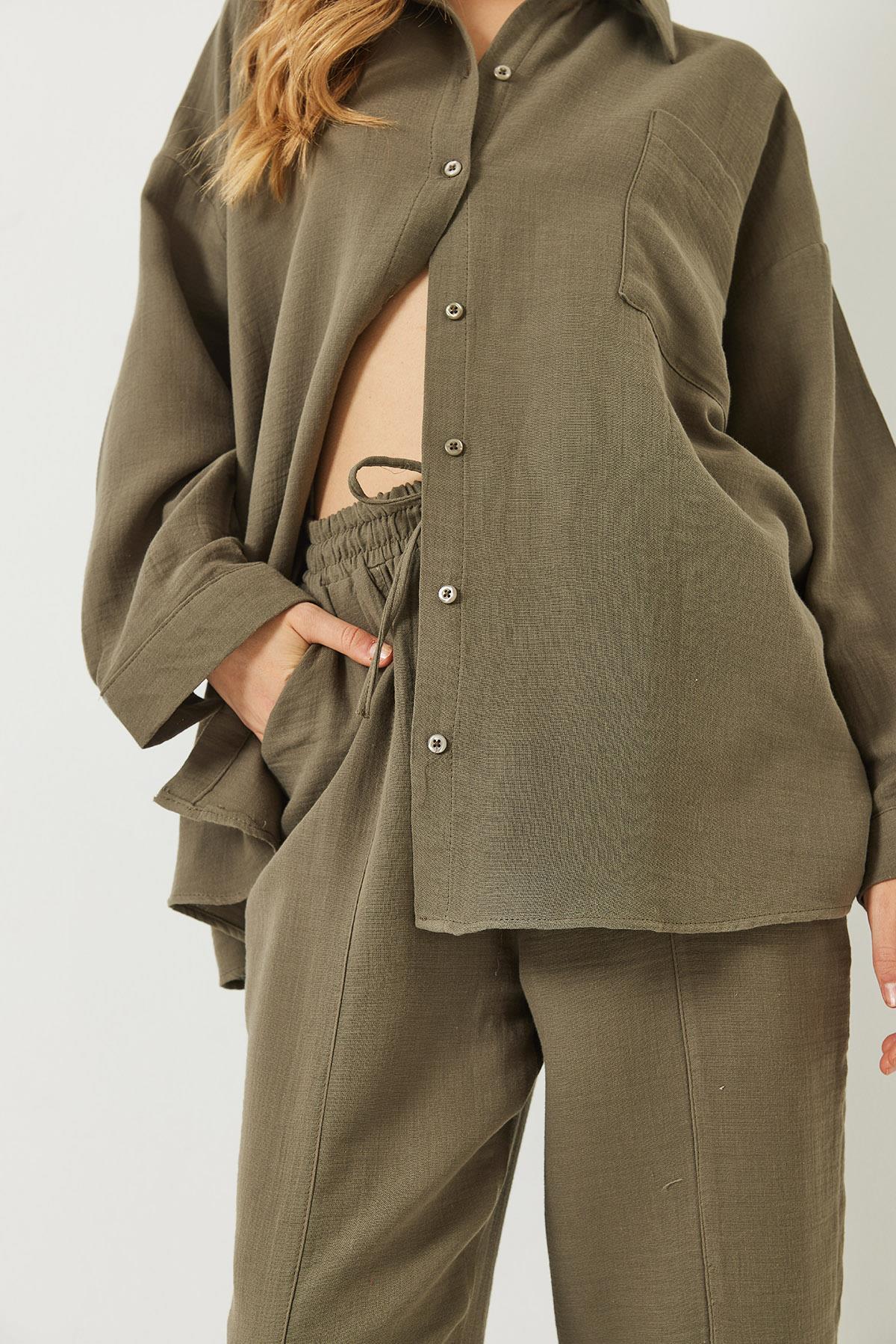 Kadın Oversize Gömlek Şalvar Pantolon Müslin Alt-Üst Takım 9259 60283113 - Haki · 5