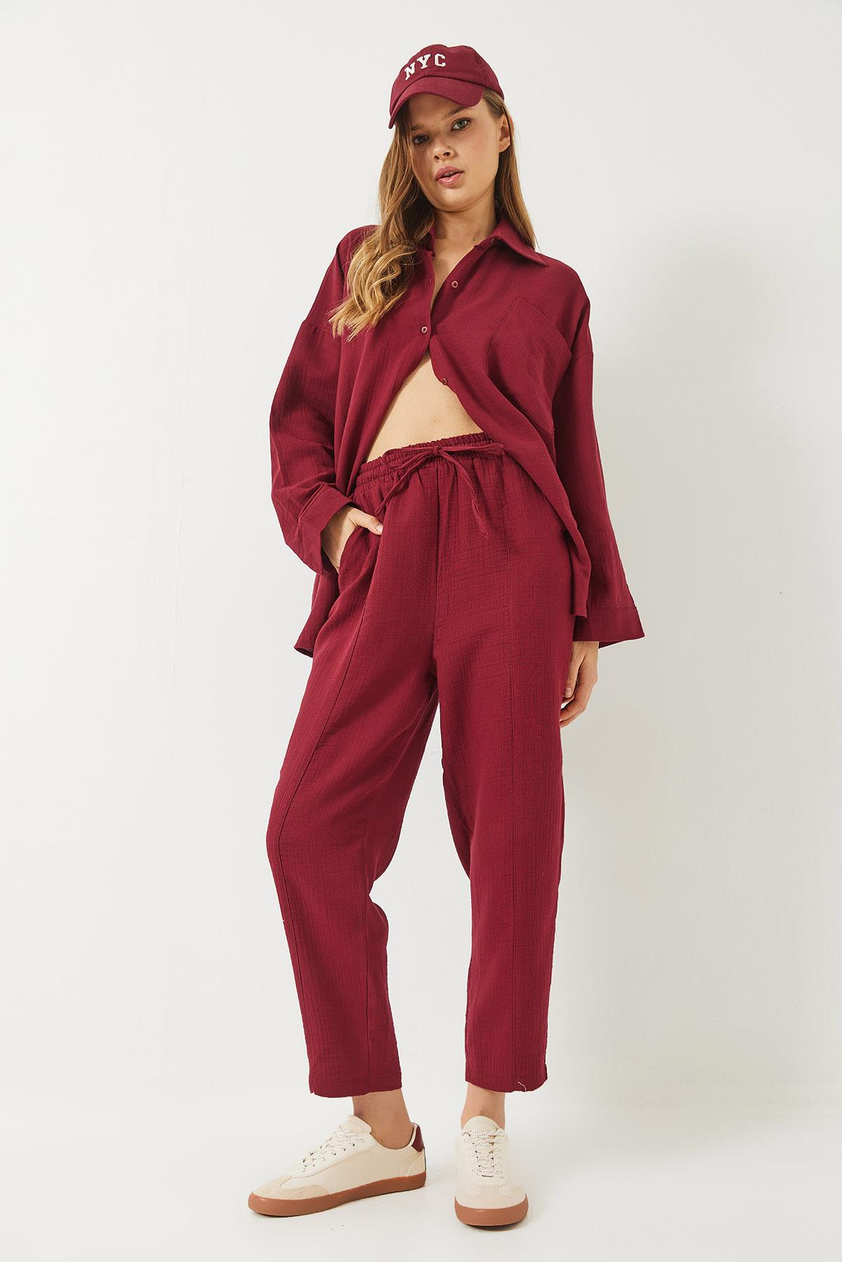 Kadın Oversize Gömlek Şalvar Pantolon Müslin Alt-Üst Takım 9259 60283113 - Bordo · 4