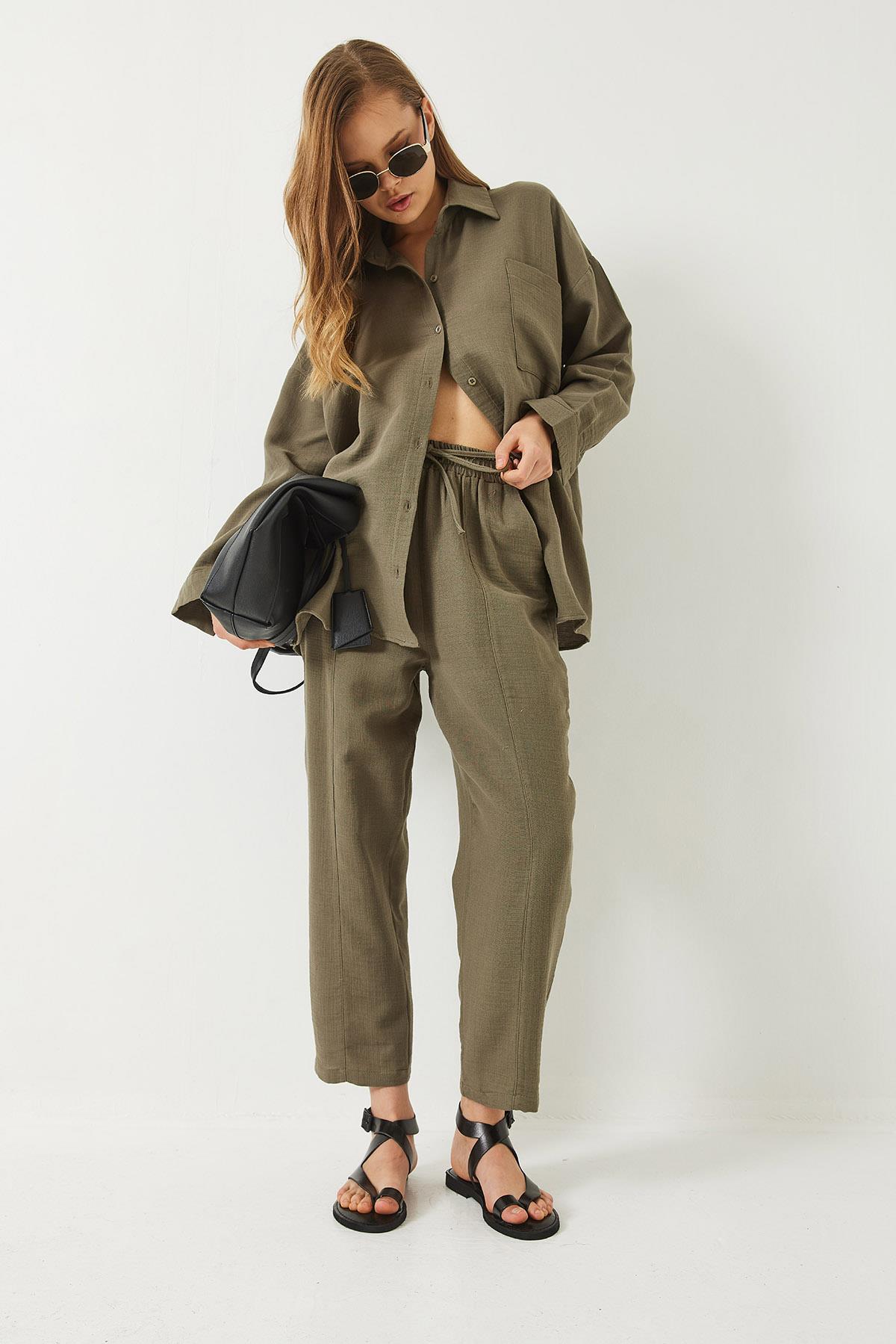 Kadın Oversize Gömlek Şalvar Pantolon Müslin Alt-Üst Takım 9259 60283113 - Haki · 2
