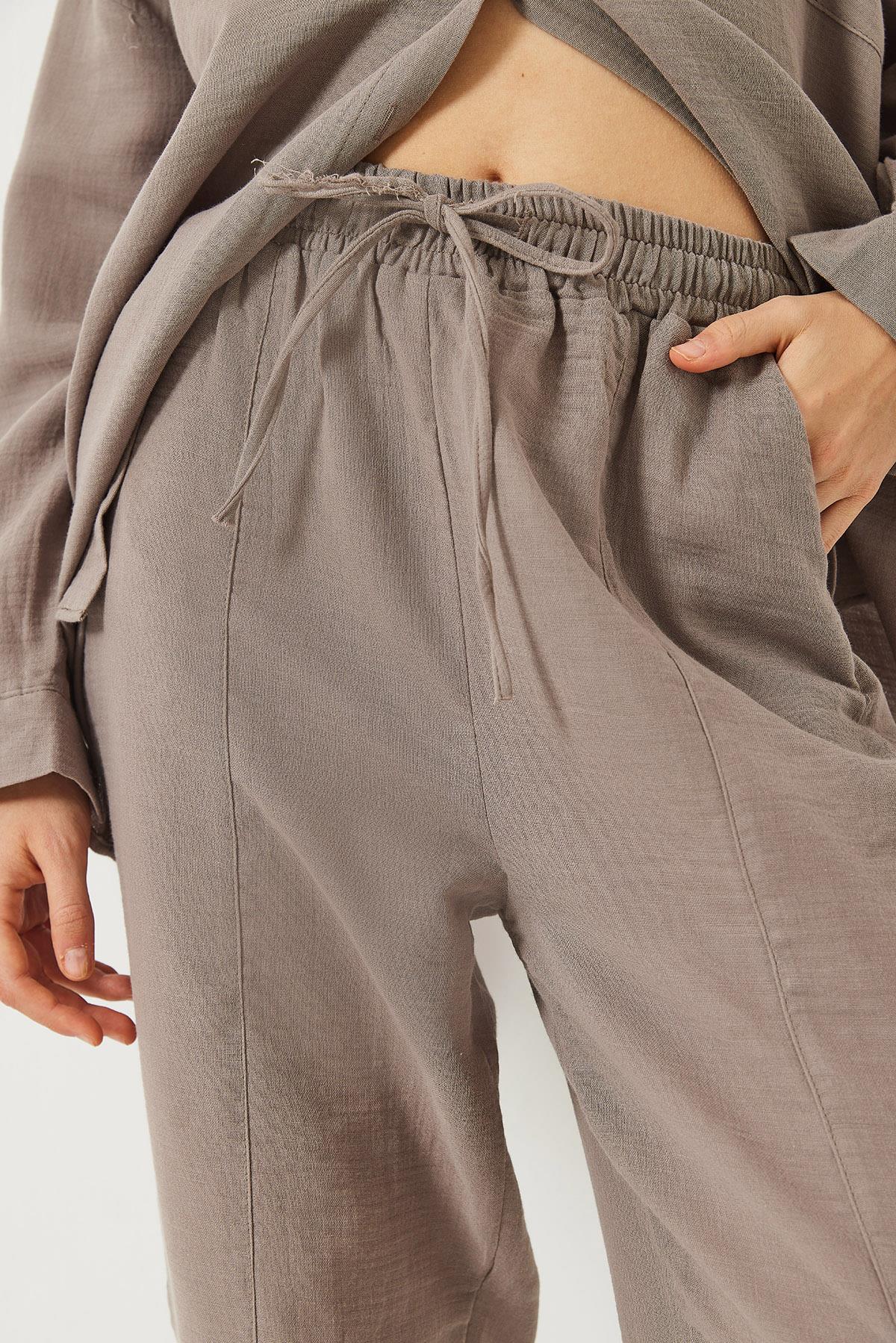Kadın Oversize Gömlek Şalvar Pantolon Müslin Alt-Üst Takım 9259 60283113 - Vizon · 4