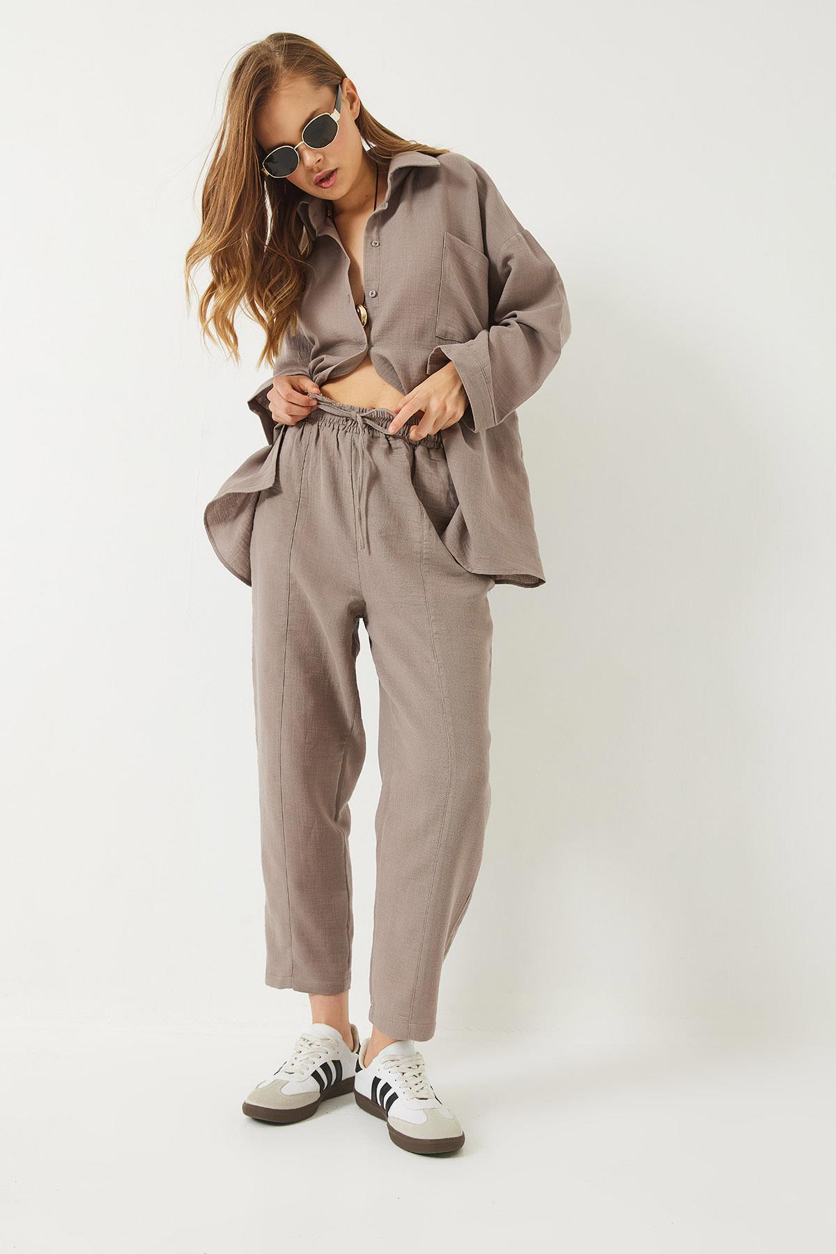 Kadın Oversize Gömlek Şalvar Pantolon Müslin Alt-Üst Takım 9259 60283113 - Vizon · 3