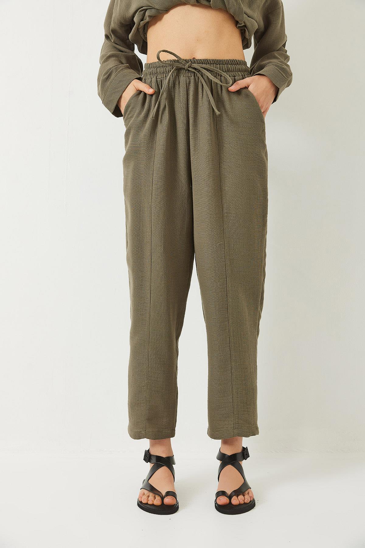 Kadın Oversize Gömlek Şalvar Pantolon Müslin Alt-Üst Takım 9259 60283113 - Haki · 7