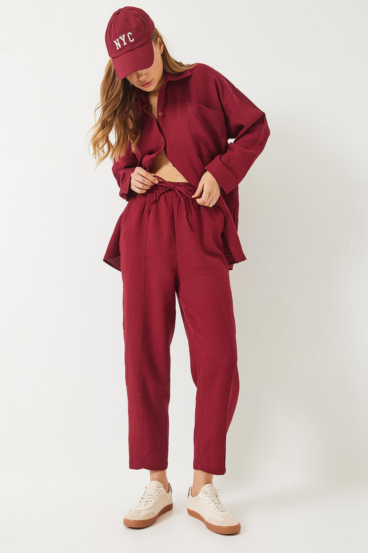Kadın Oversize Gömlek Şalvar Pantolon Müslin Alt-Üst Takım 9259 60283113 - Bordo