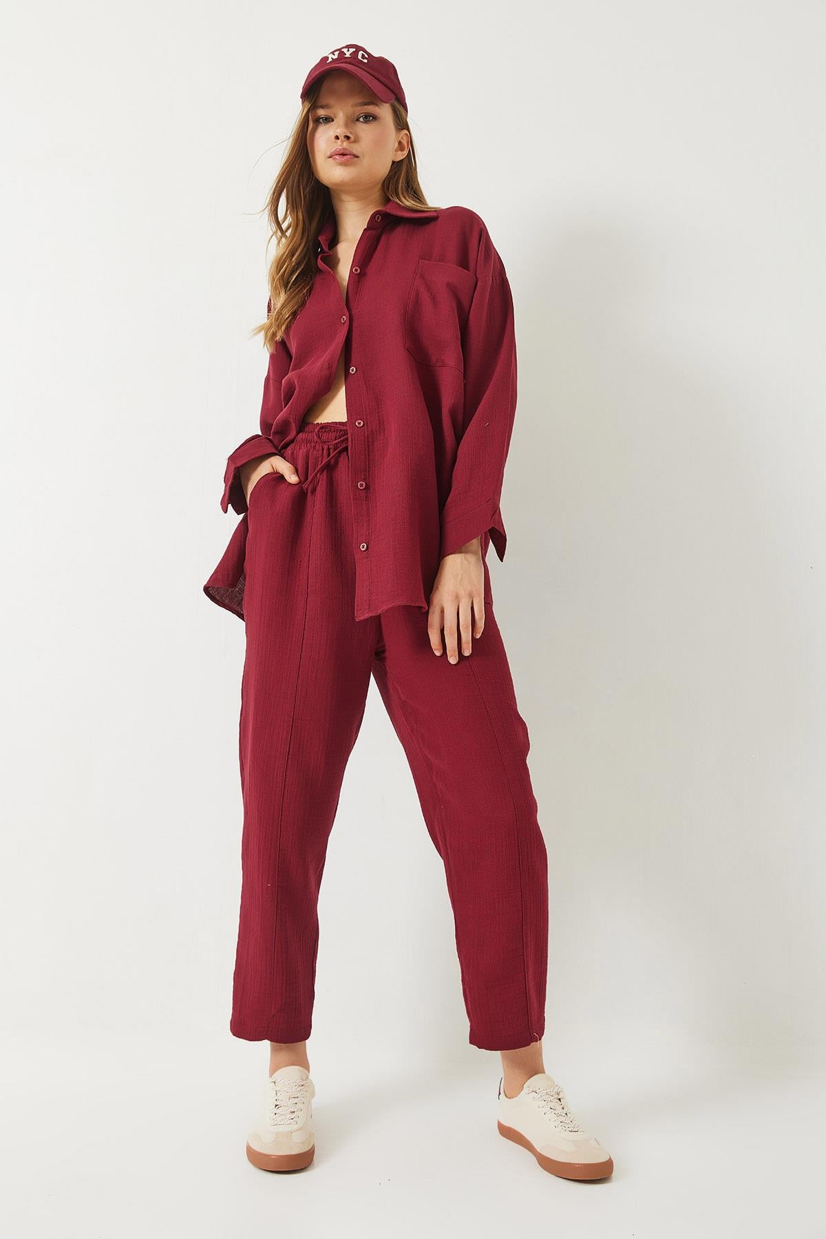 Kadın Oversize Gömlek Şalvar Pantolon Müslin Alt-Üst Takım 9259 60283113 - Bordo · 6