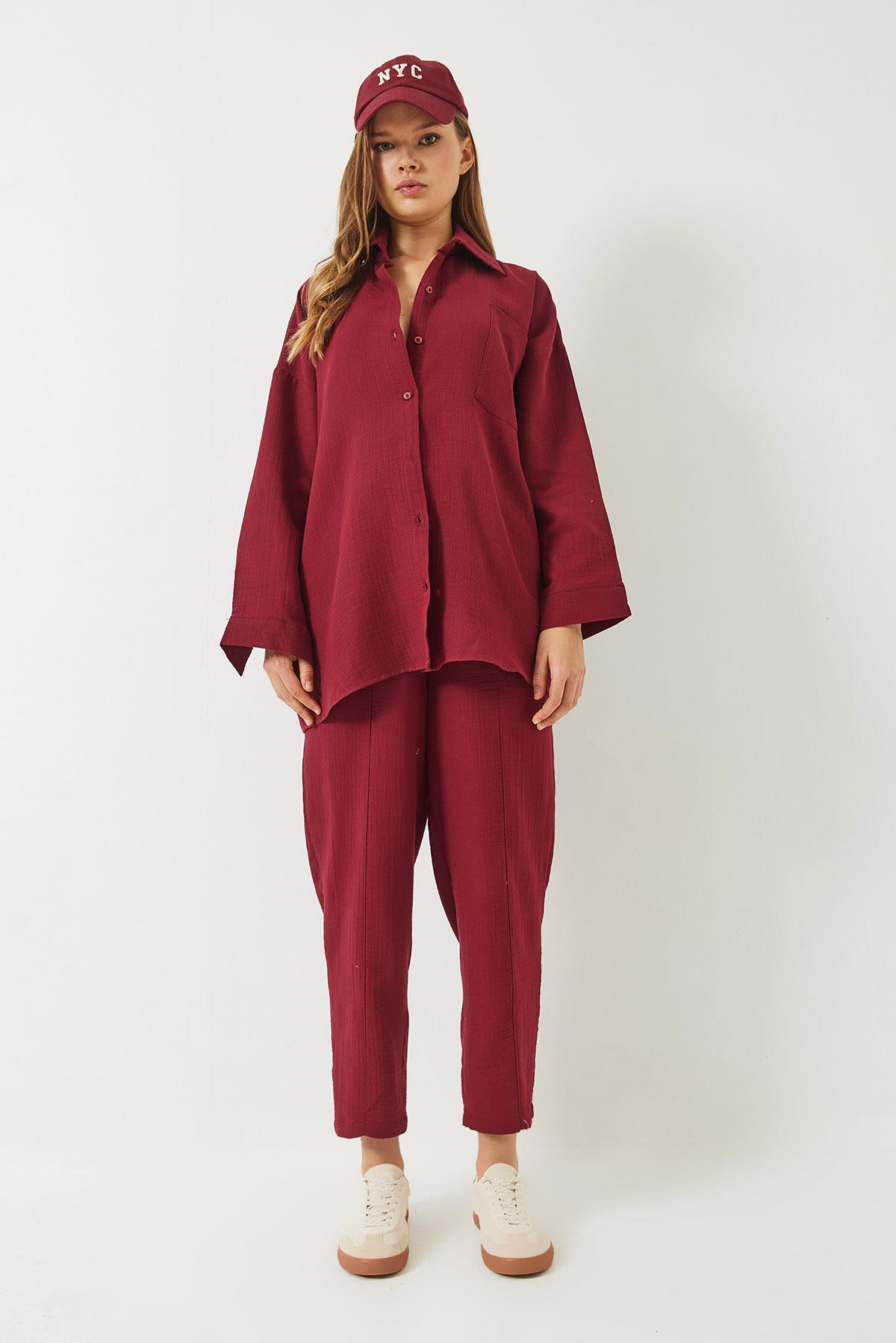 Kadın Oversize Gömlek Şalvar Pantolon Müslin Alt-Üst Takım 9259 60283113 - Bordo · 2