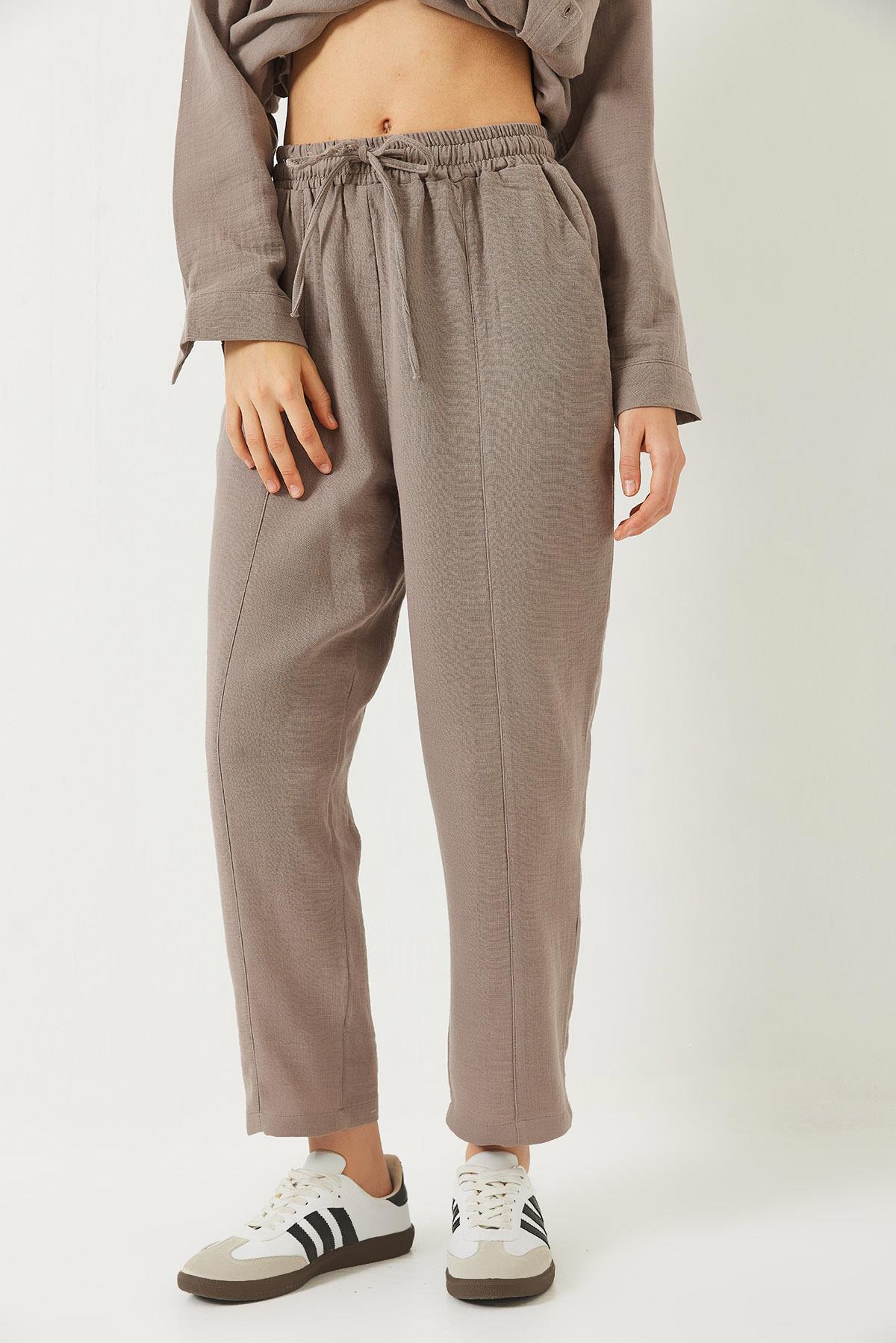 Kadın Oversize Gömlek Şalvar Pantolon Müslin Alt-Üst Takım 9259 60283113 - Vizon · 8