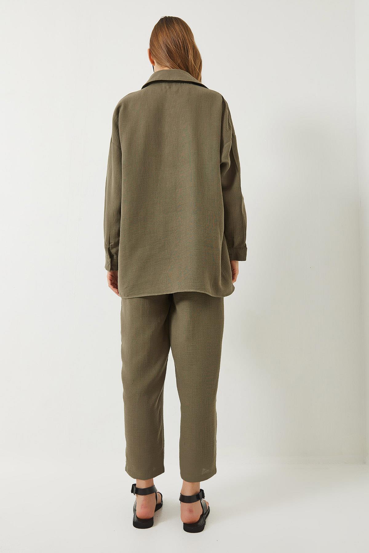 Kadın Oversize Gömlek Şalvar Pantolon Müslin Alt-Üst Takım 9259 60283113 - Haki · 6