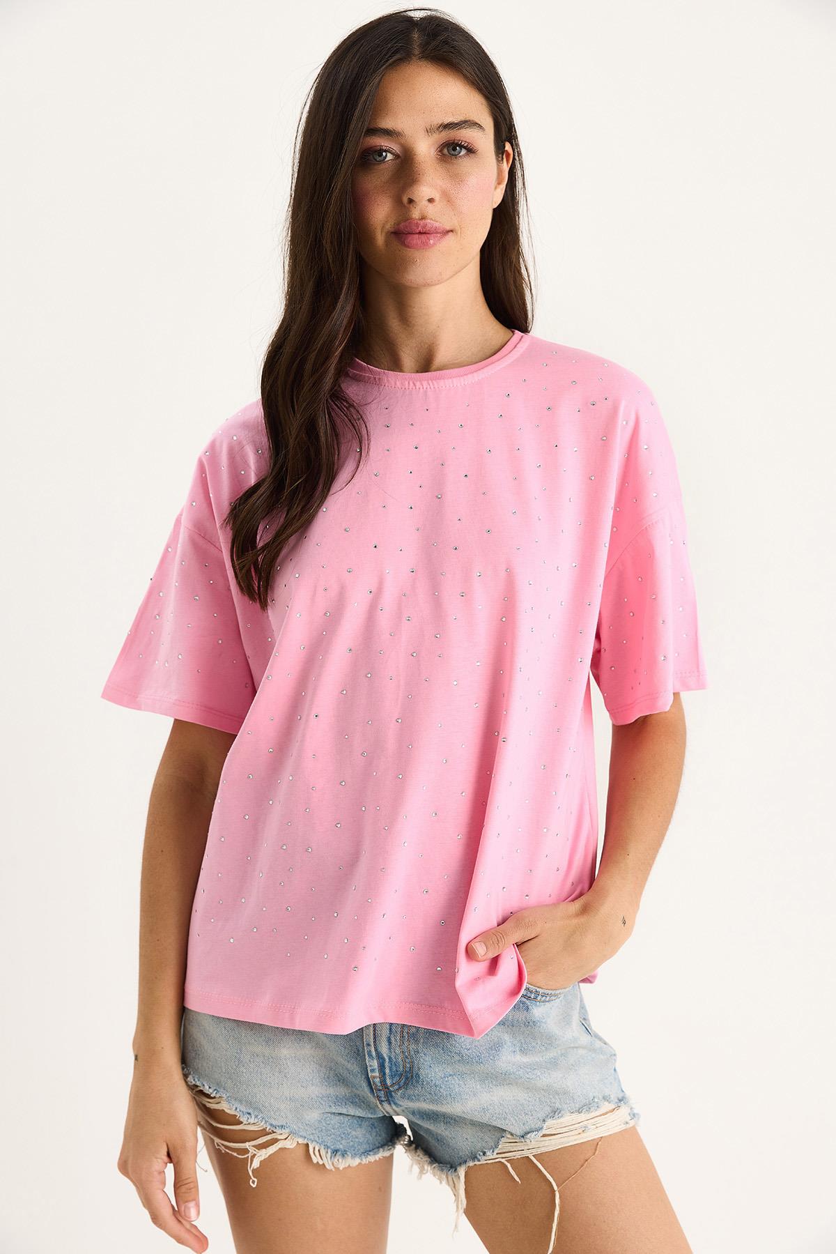 Kadın Pul Detaylı Bisiklet Yaka Kısa Kollu T-Shirt 3028 60283149 - Pembe · 4