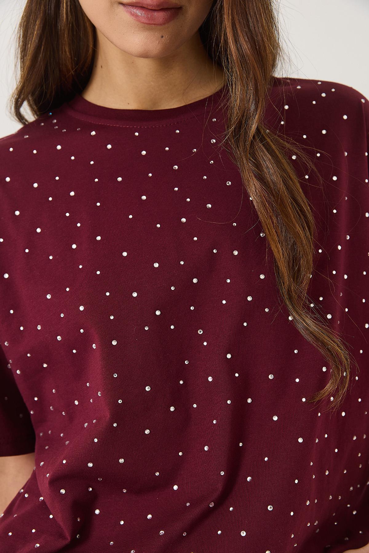 Kadın Pul Detaylı Bisiklet Yaka Kısa Kollu T-Shirt 3028 60283149 - Bordo · 5
