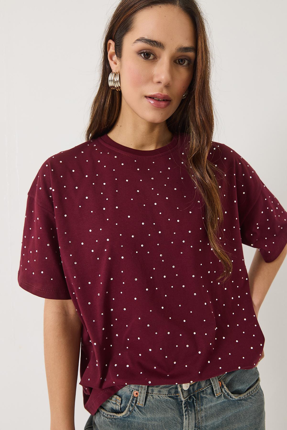 Kadın Pul Detaylı Bisiklet Yaka Kısa Kollu T-Shirt 3028 60283149 - Bordo · 3