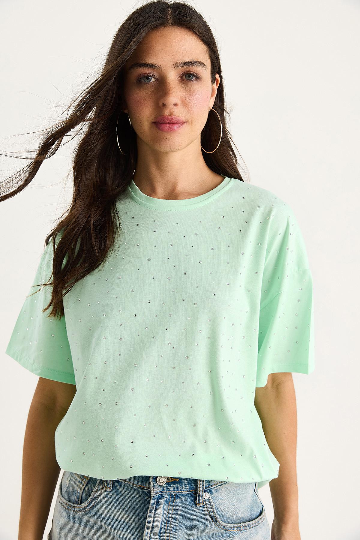 Kadın Pul Detaylı Bisiklet Yaka Kısa Kollu T-Shirt 3028 60283149 - Su Yeşili · 6