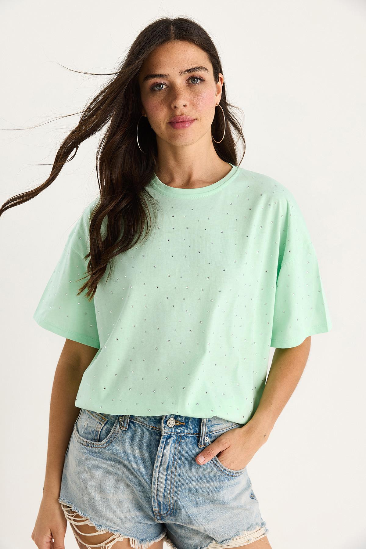 Kadın Pul Detaylı Bisiklet Yaka Kısa Kollu T-Shirt 3028 60283149 - Su Yeşili · 2