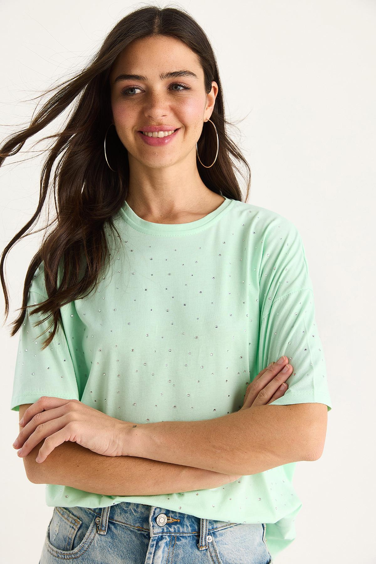 Kadın Pul Detaylı Bisiklet Yaka Kısa Kollu T-Shirt 3028 60283149 - Su Yeşili · 3