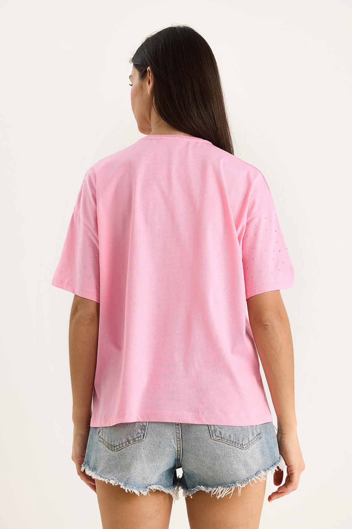 Kadın Pul Detaylı Bisiklet Yaka Kısa Kollu T-Shirt 3028 60283149 - Pembe · 8