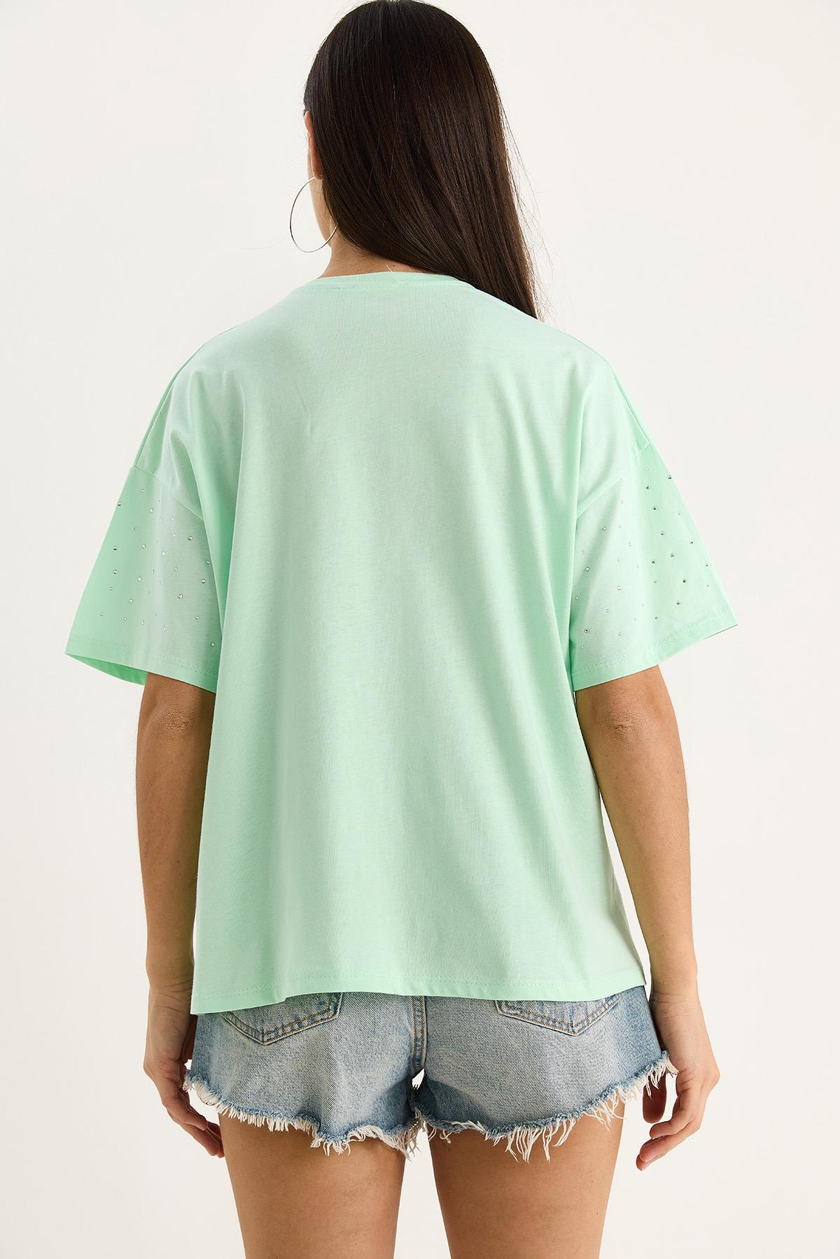 Kadın Pul Detaylı Bisiklet Yaka Kısa Kollu T-Shirt 3028 60283149 - Su Yeşili · 7