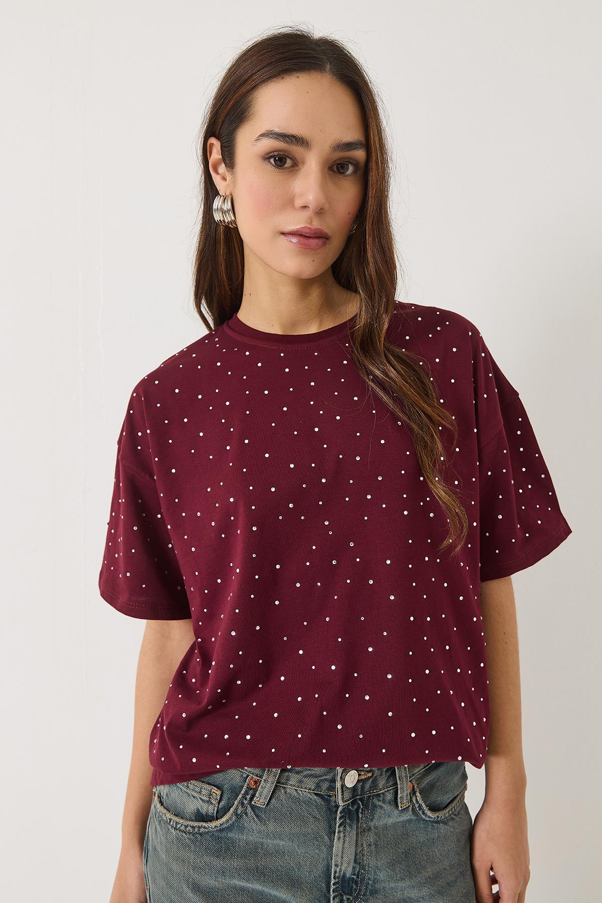Kadın Pul Detaylı Bisiklet Yaka Kısa Kollu T-Shirt 3028 60283149 - Bordo · 2