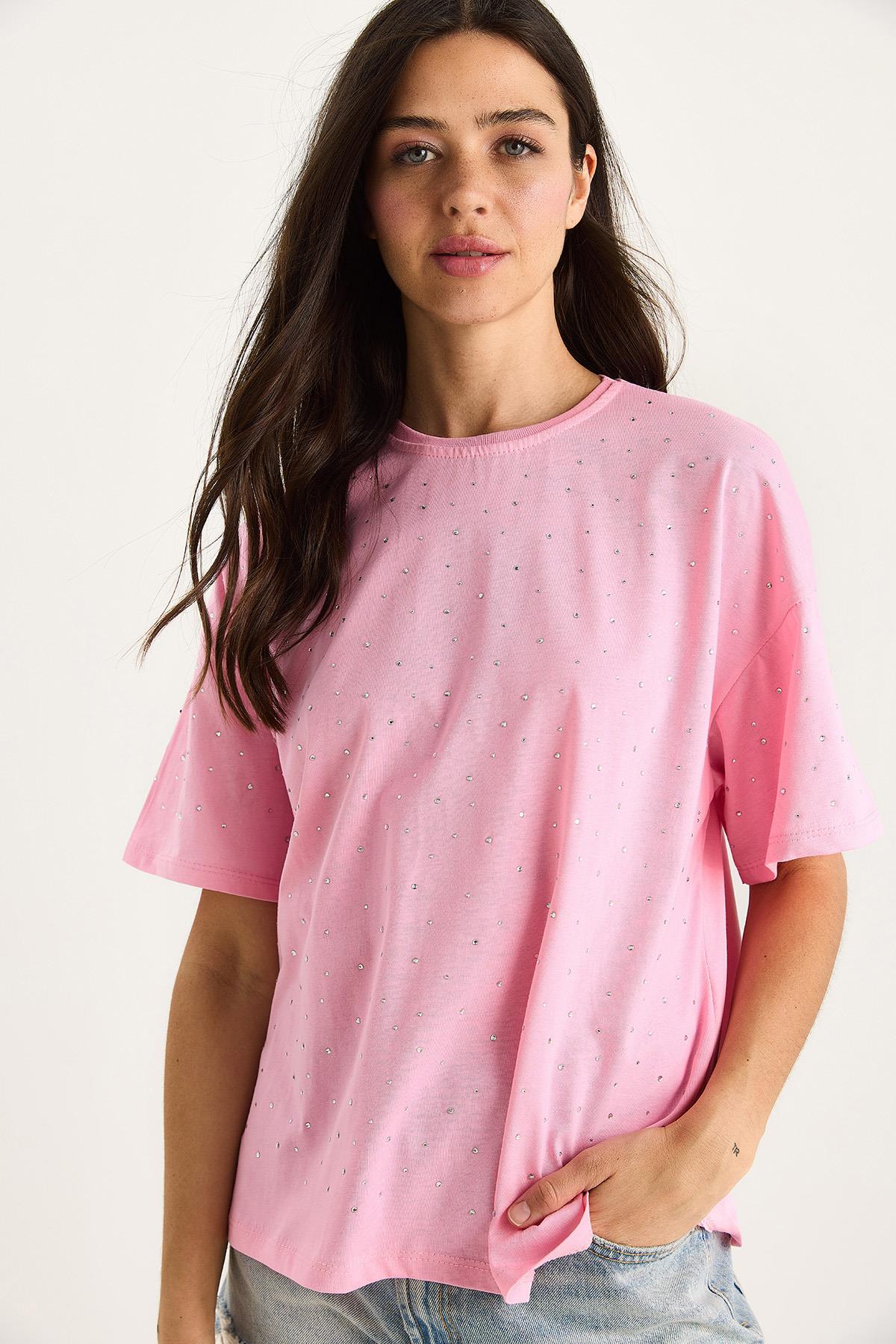 Kadın Pul Detaylı Bisiklet Yaka Kısa Kollu T-Shirt 3028 60283149 - Pembe · 5