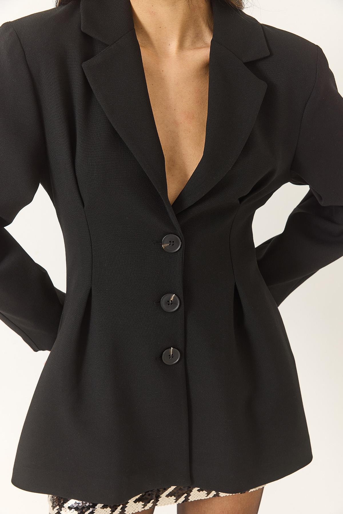 Kadın Şal Yaka Bele Oturan Düğme Kapamalı Astarlı Viskon Blazer Ceket 3433 60283148 - Siyah · 7