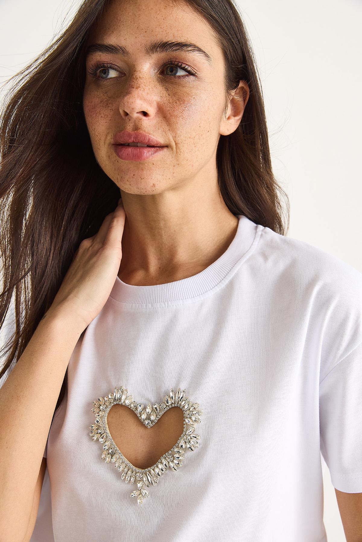 Kadın Taşlı Kalp Pencereli Pamuklu T-Shirt 60602073 - Beyaz · 5