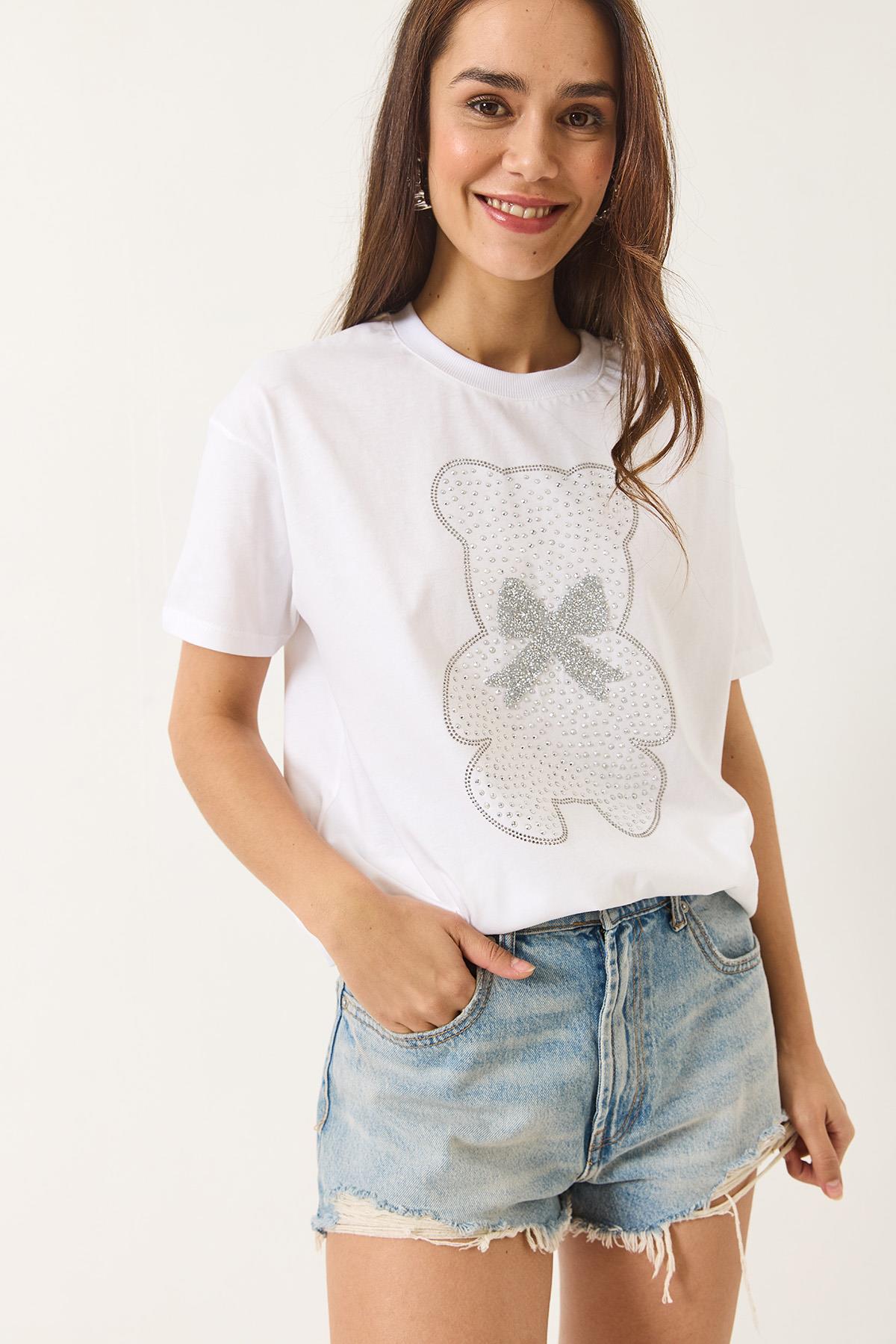 Kadın Teddy Kurdele Detaylı Taşlı T-Shirt 60602035 - Beyaz · 2