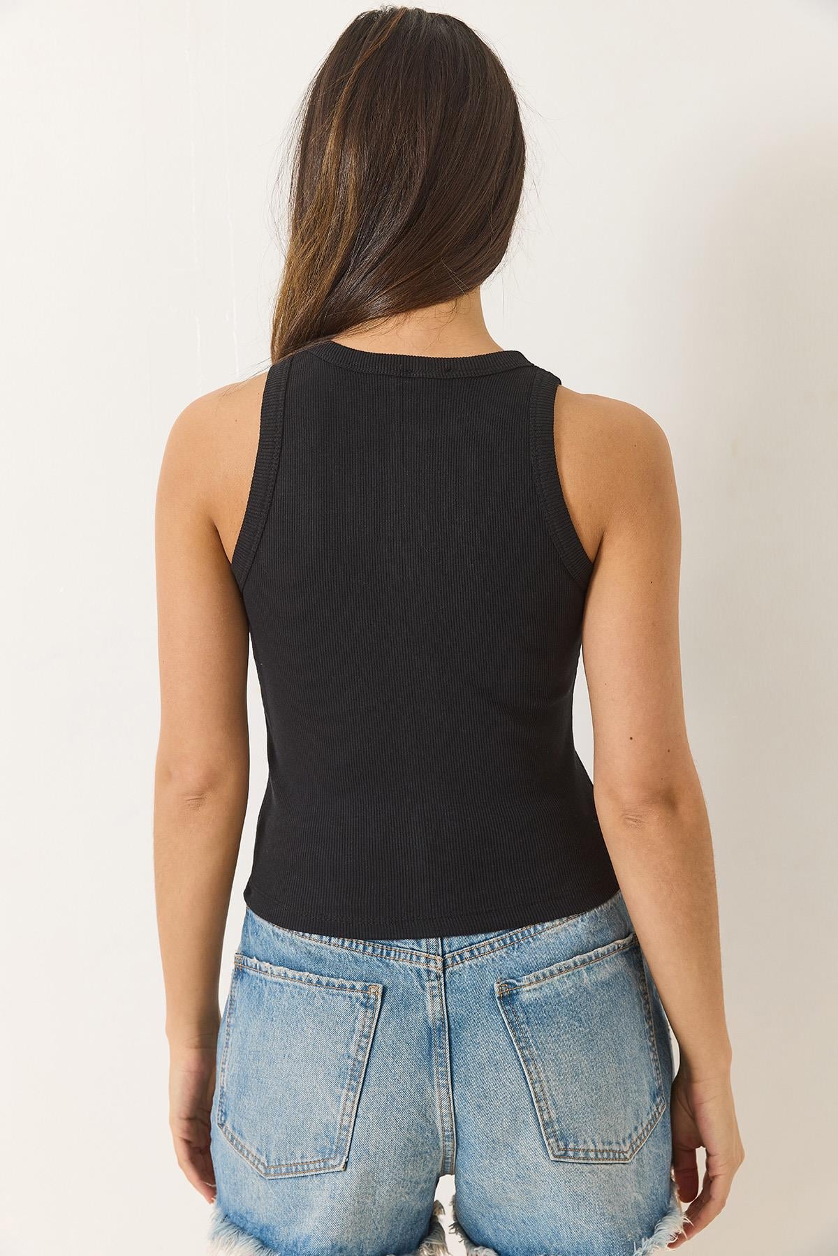 Kadın Teddy Nakışlı Fitilli Slim Crop Atlet  60284025 - Siyah · 7