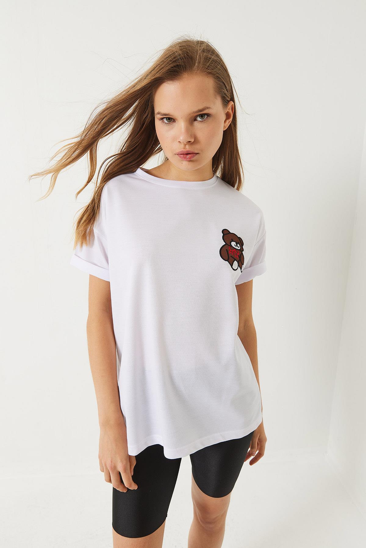 Kadın Teddy Nakışlı Salaş Basic T-Shirt 60284019 - Beyaz · 7