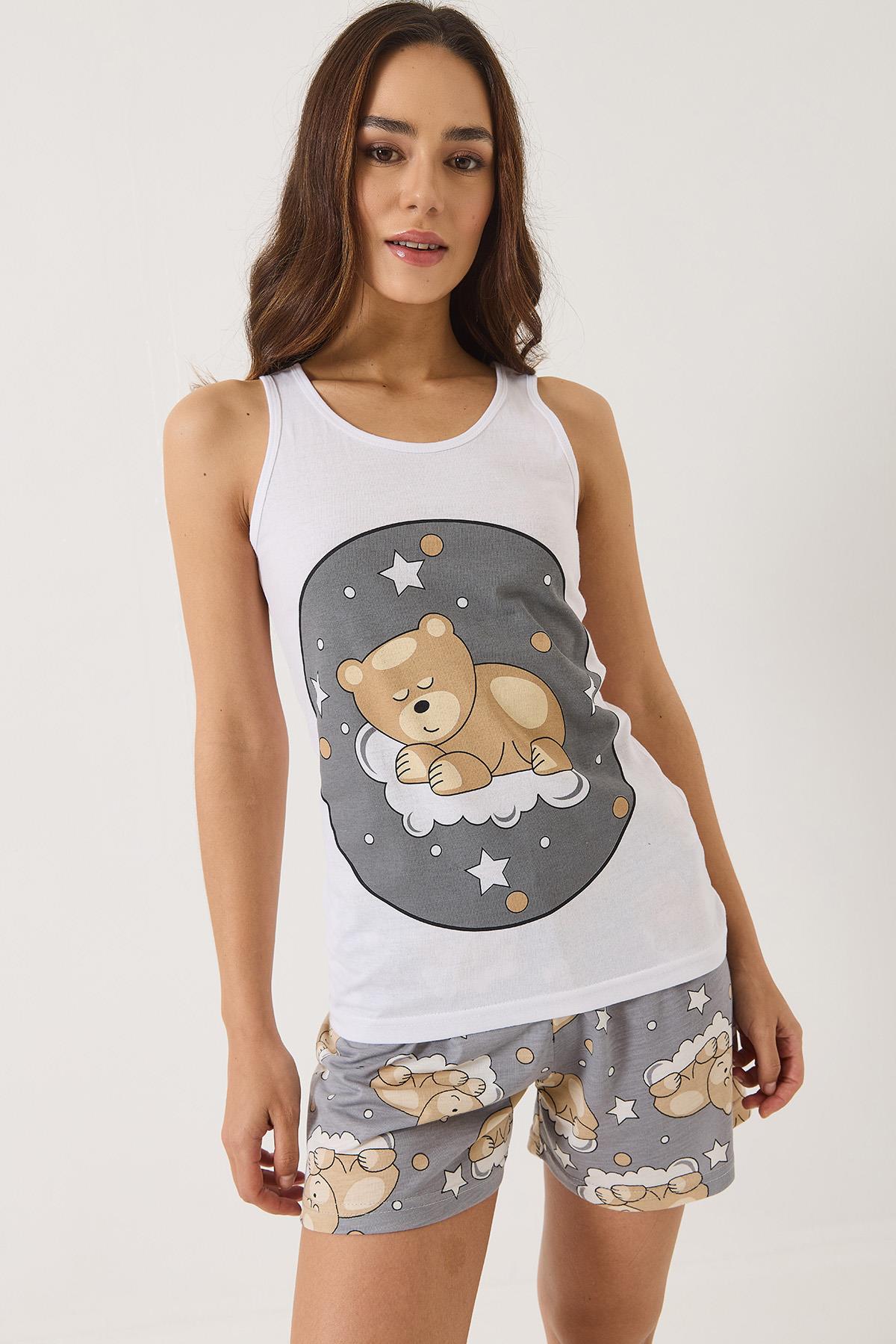 Kadın Uykucu Teddy Baskılı Şortlu Pijama Takımı 0251 60283169 - Gri · 2