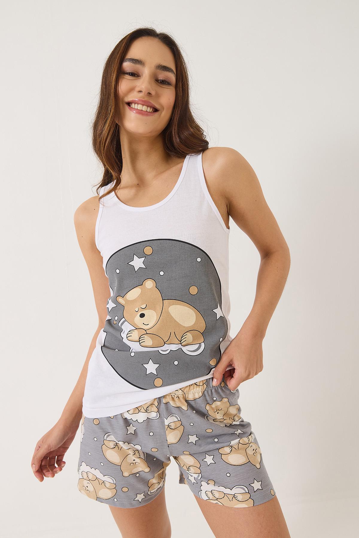 Kadın Uykucu Teddy Baskılı Şortlu Pijama Takımı 0251 60283169 - Gri · 3