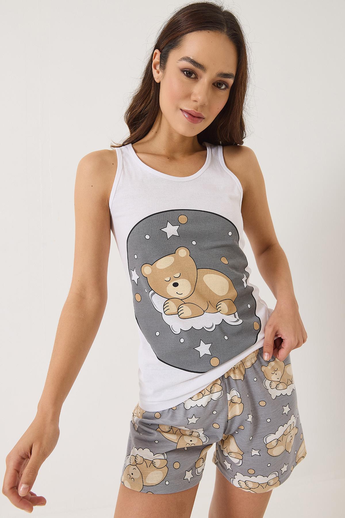 Kadın Uykucu Teddy Baskılı Şortlu Pijama Takımı 0251 60283169 - Gri · 4