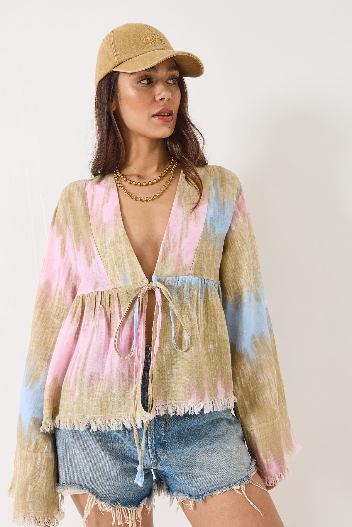 Kadın V Yaka Renk Desenli Bağlama Detaylı Yumoş Müslin Kimono 7013 60283139 - Bej-Pudra · 2