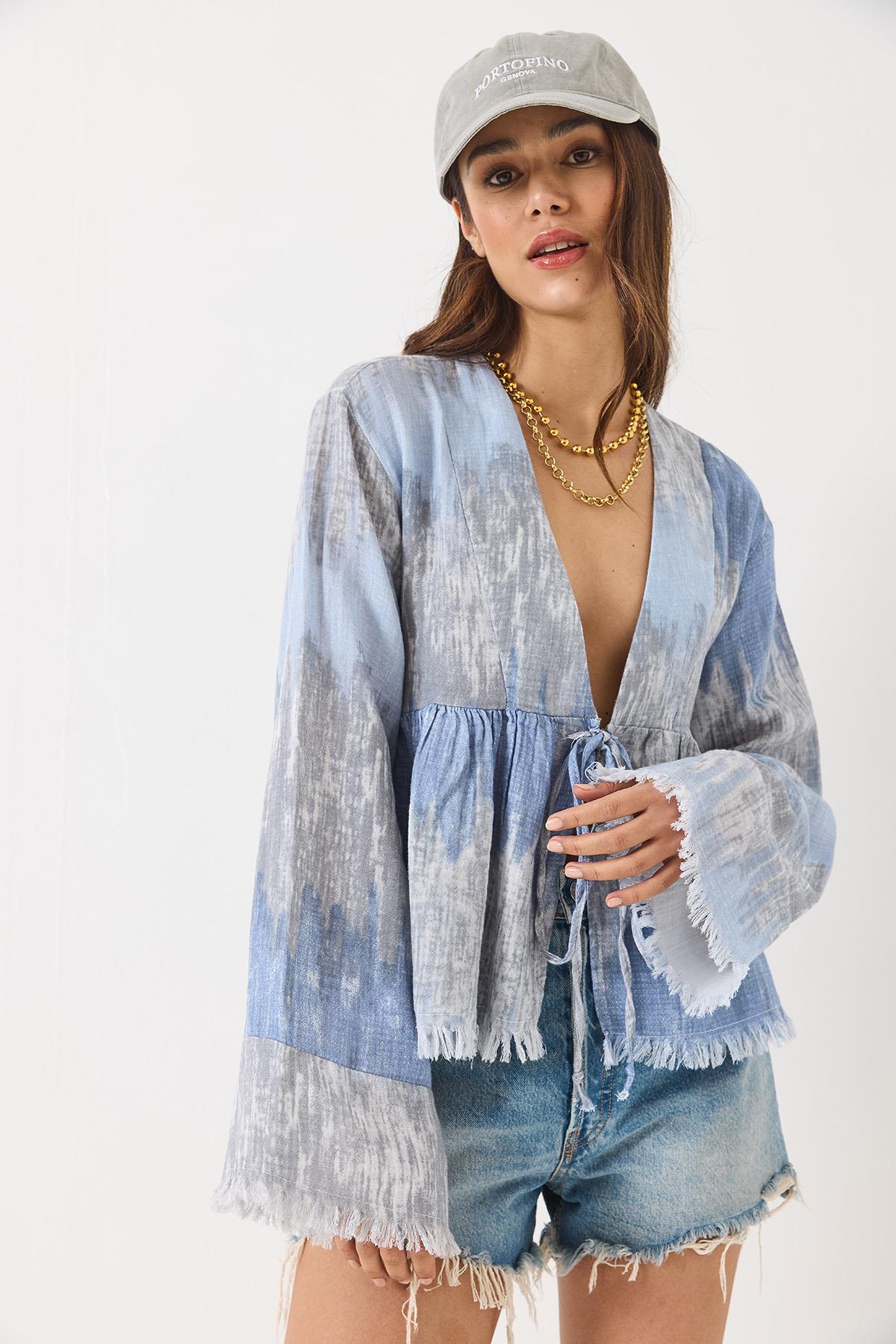 Kadın V Yaka Renk Desenli Bağlama Detaylı Yumoş Müslin Kimono 7013 60283139 - Mavi-Gri · 3
