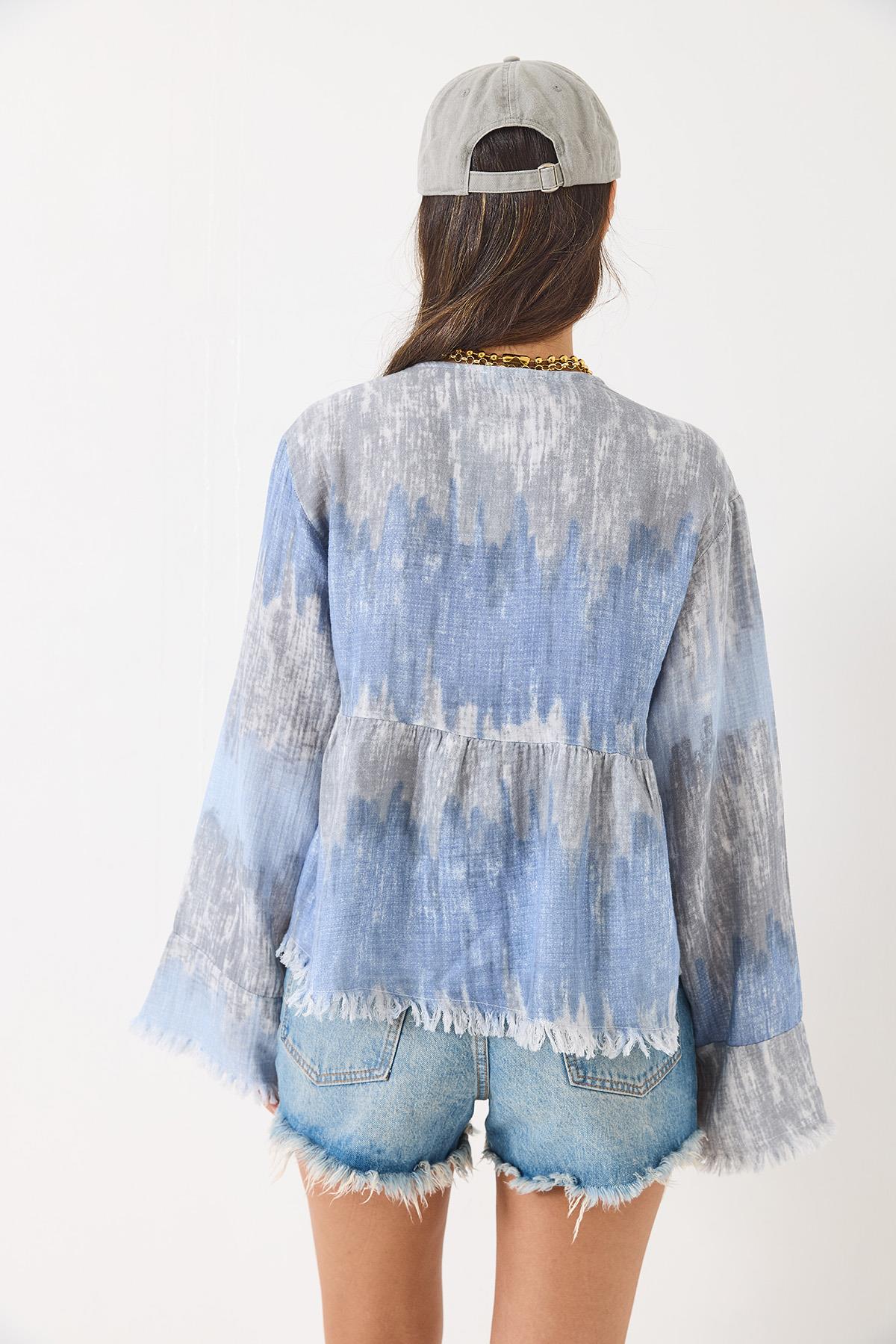 Kadın V Yaka Renk Desenli Bağlama Detaylı Yumoş Müslin Kimono 7013 60283139 - Mavi-Gri · 6