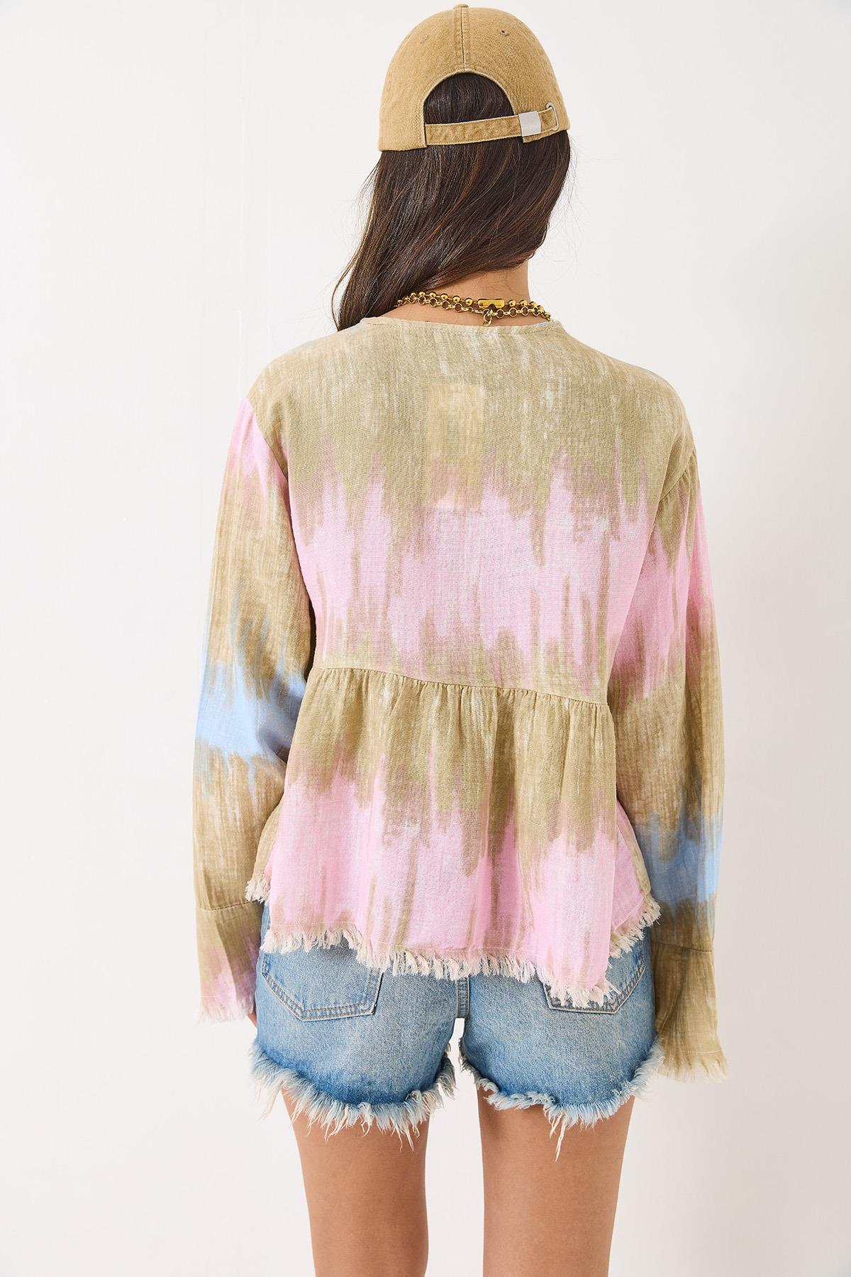 Kadın V Yaka Renk Desenli Bağlama Detaylı Yumoş Müslin Kimono 7013 60283139 - Bej-Pudra · 5