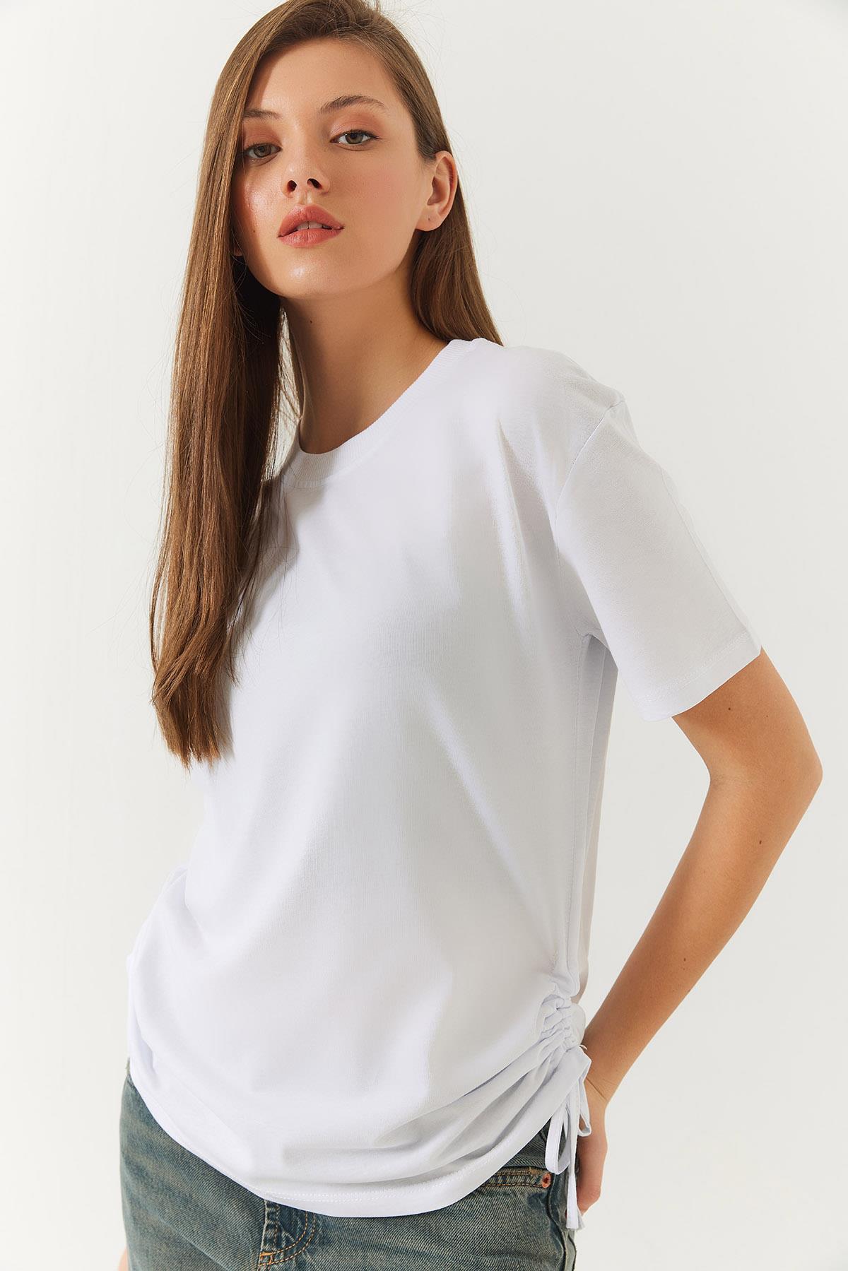 Kadın Yanları Büzgülü Basic Basic Tshirt 60602003 - Beyaz