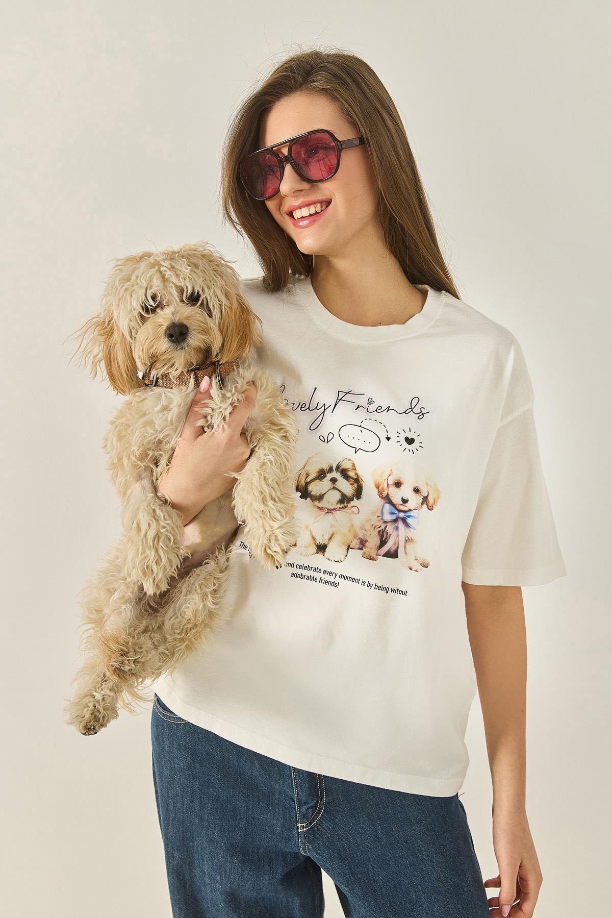 Kadın Yavru Köpek Premium Baskılı Oversize Pamuklu T-Shirt ÖT251076 60283292 - Ekru · 4