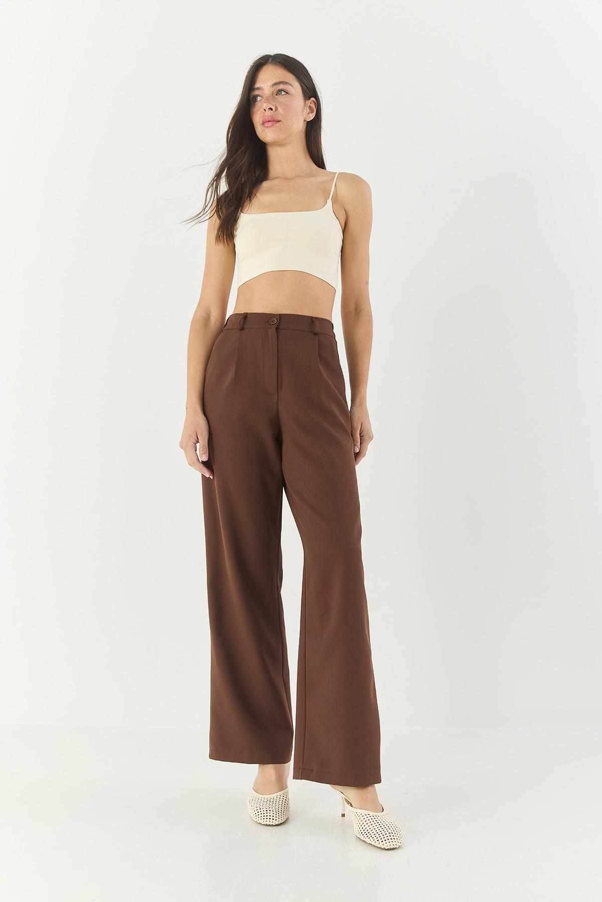 Kadın Yüksek Bel Cep Detaylı Pileli Double Palazzo Pantolon 60283233 - Kahverengi · 2