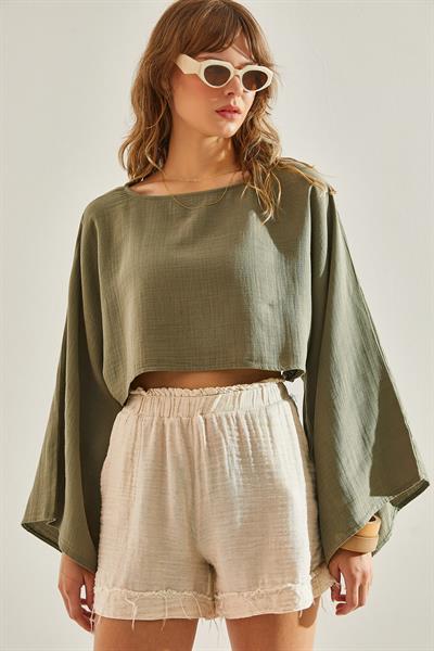 トップス kazusa Kadın Yarasa Kol Crop Bluz 60251156 - Haki