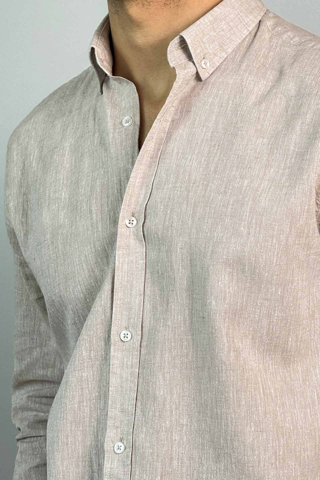 Slim Fit Düğmeli Yaka Cepsiz Bej Renk Keten Gömlek